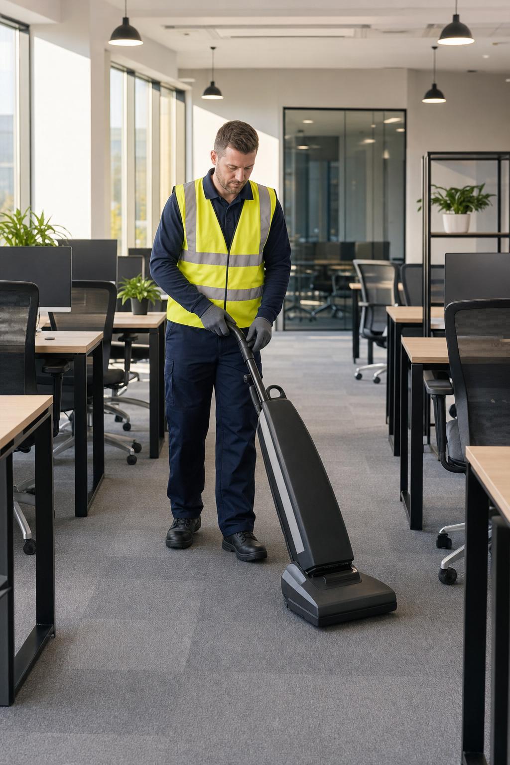 Klass Cleaning operative in yellow hi-vis vacuuming a stylish modern open-plan office before staff arrive