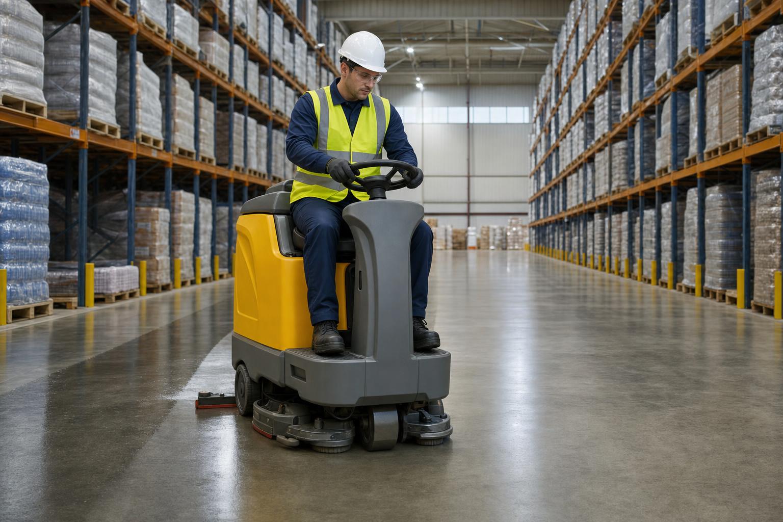 Klass Cleaning operative on a ride-on industrial floor scrubber-dryer working a long aisle of a Dublin distribution warehouse