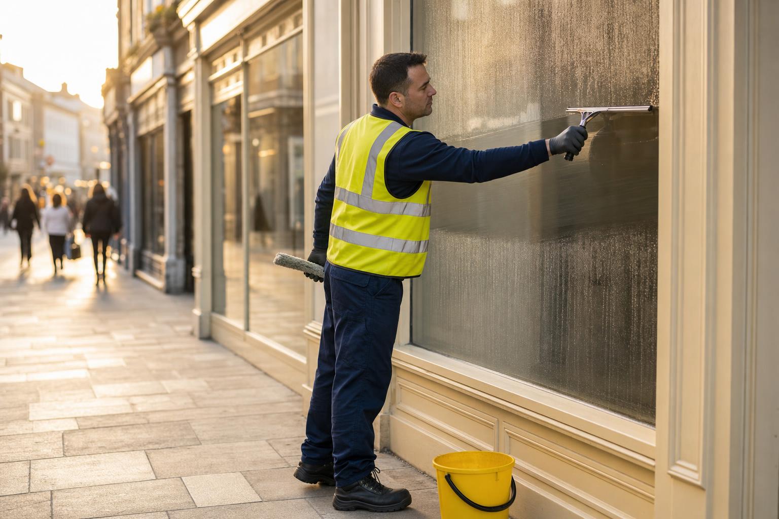 Klass Cleaning operative squeegeeing a clean stroke across a large display window on an Irish high-street shopfront at golden hour