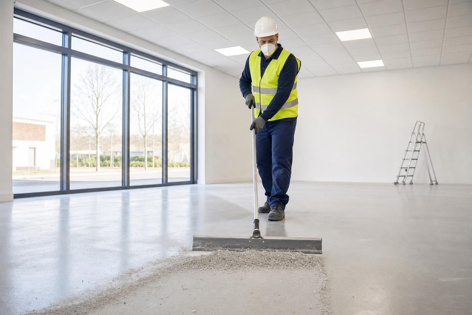 Klass Cleaning operative in hard hat and dust mask gathering construction dust with a wide floor scraper inside a freshly built commercial retail unit