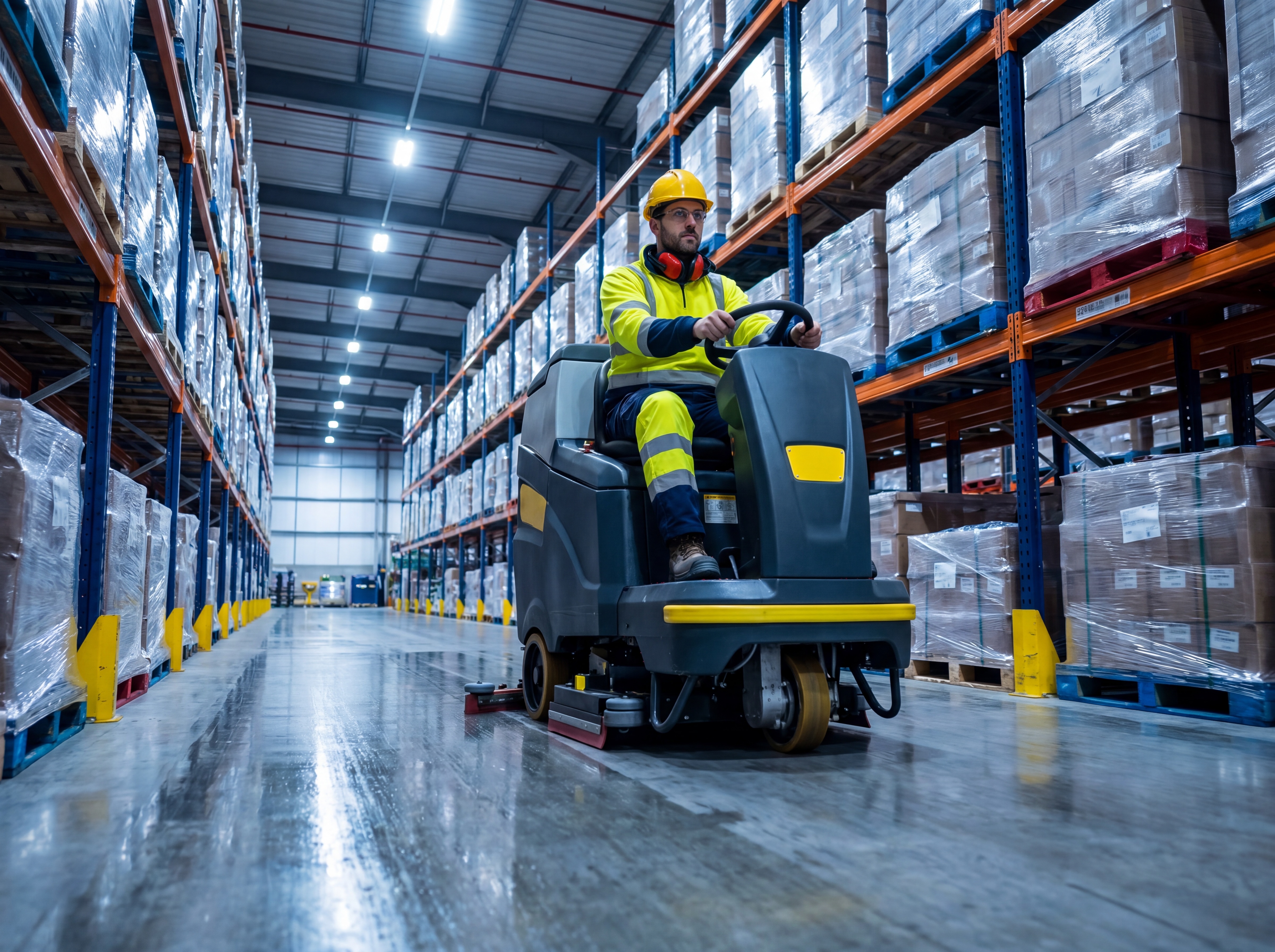 Klass Cleaning operator using a ride-on industrial floor scrubber in a large Dublin distribution warehouse