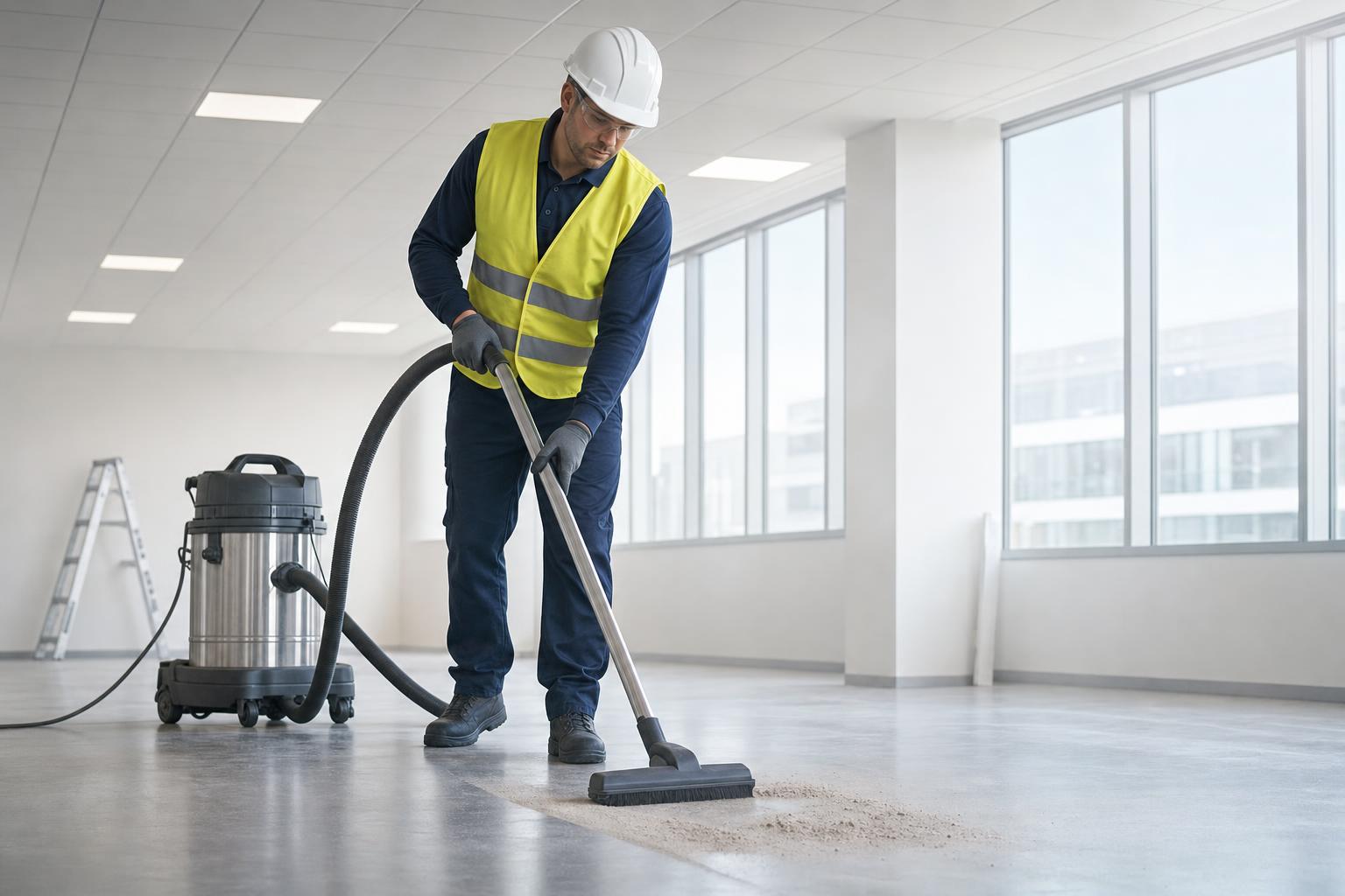 Klass Cleaning operative in branded uniform, high-vis vest and hard hat HEPA-vacuuming construction dust on a freshly finished commercial fit-out