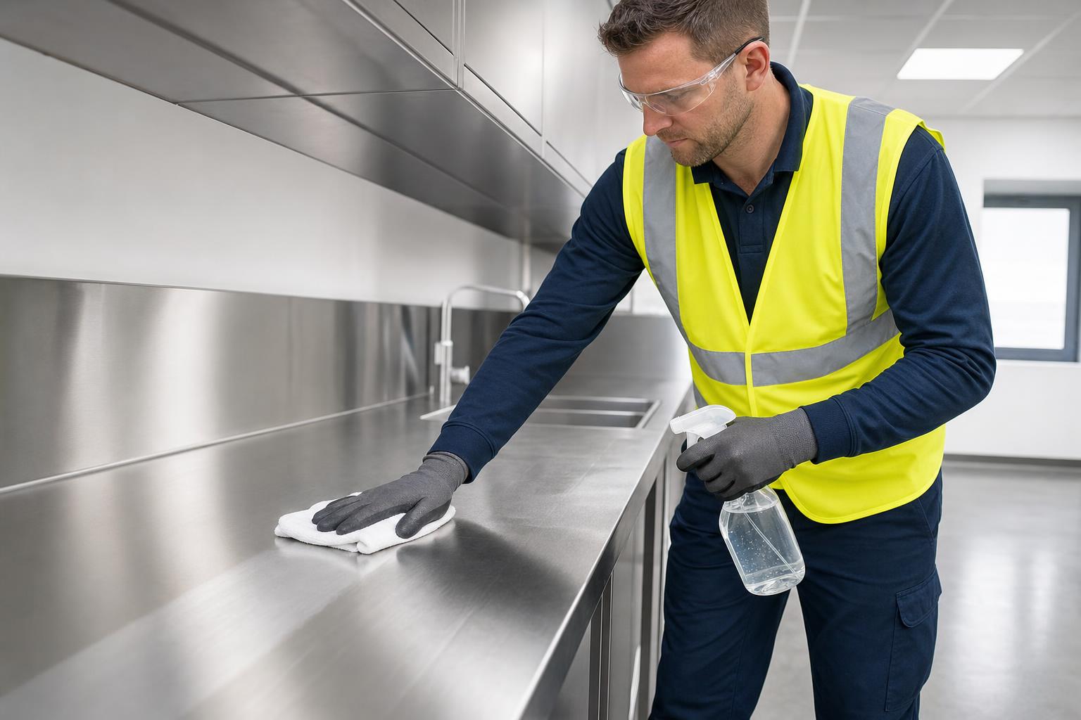 Close-up of a Klass Cleaning operative in high-vis vest detail-wiping a stainless steel kitchen worktop in a freshly built commercial unit