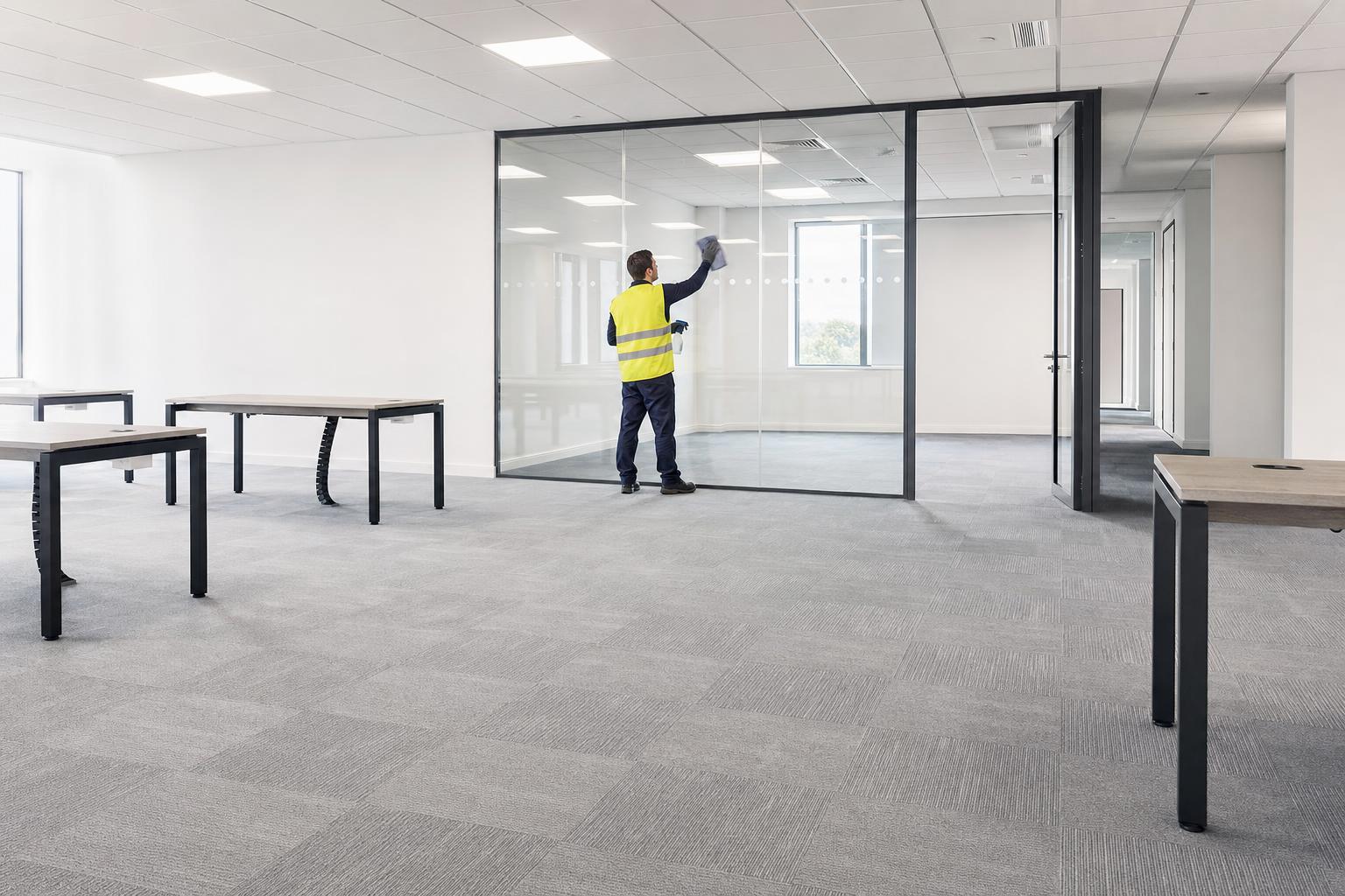 Freshly completed commercial office fit-out with new partitions and flooring being final-cleaned by Klass Cleaning