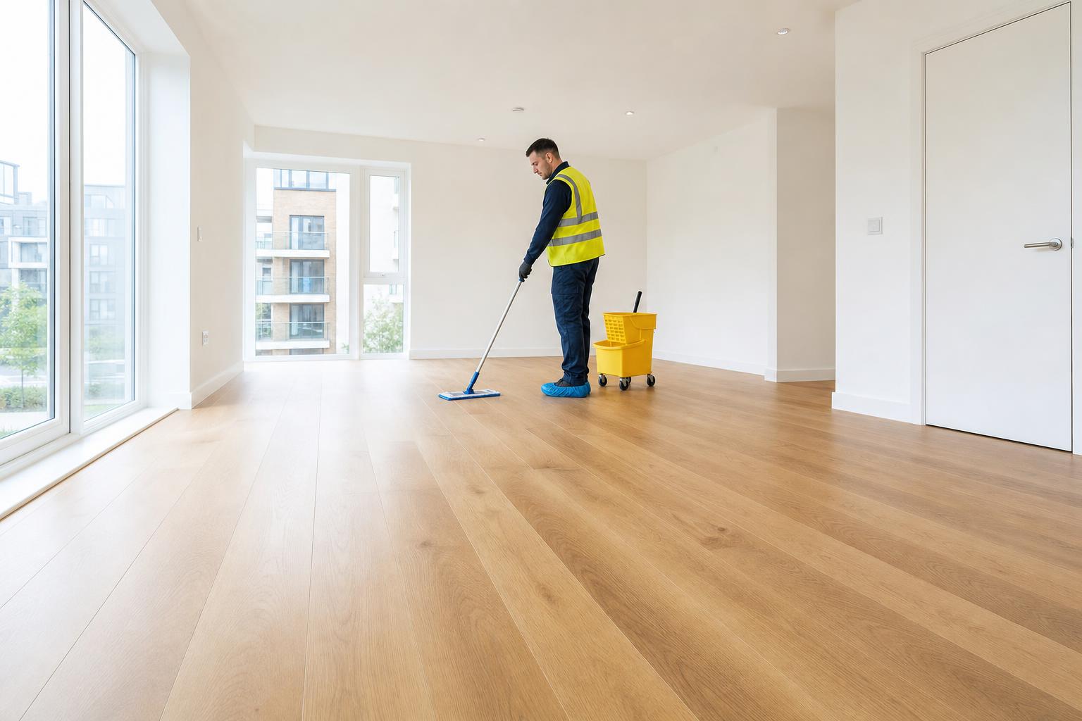 Brand new residential development interior with bare floors and walls being post-construction cleaned by Klass Cleaning