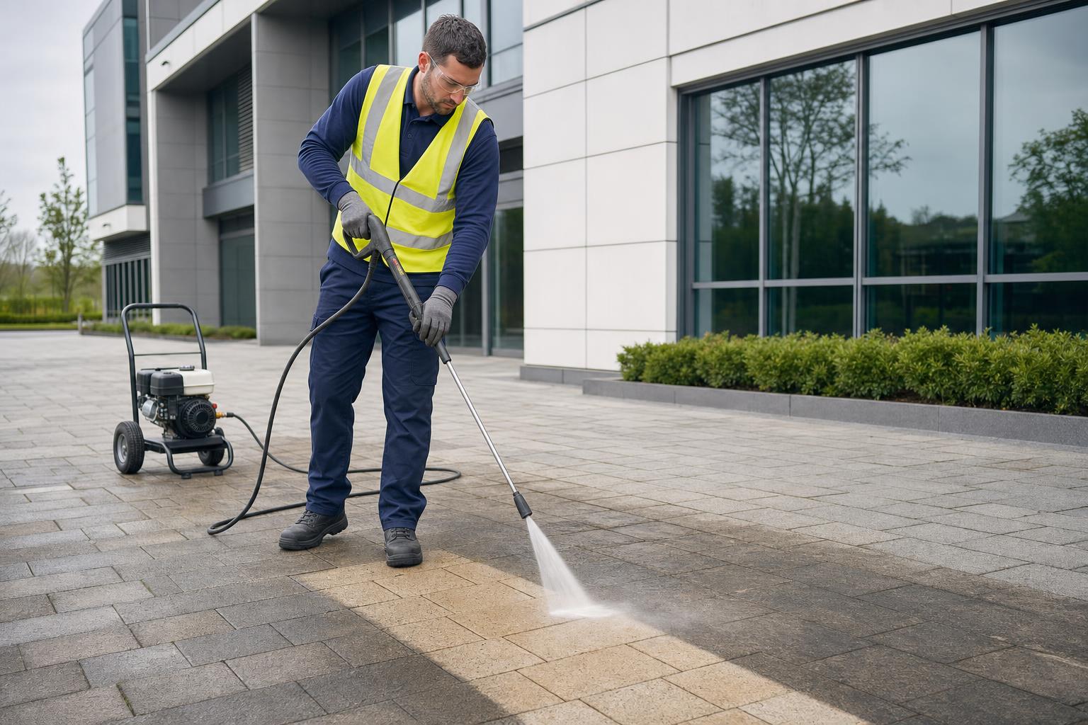 Klass Cleaning operator in branded uniform and high-vis vest pressure-washing a commercial forecourt with a visible cleaned strip