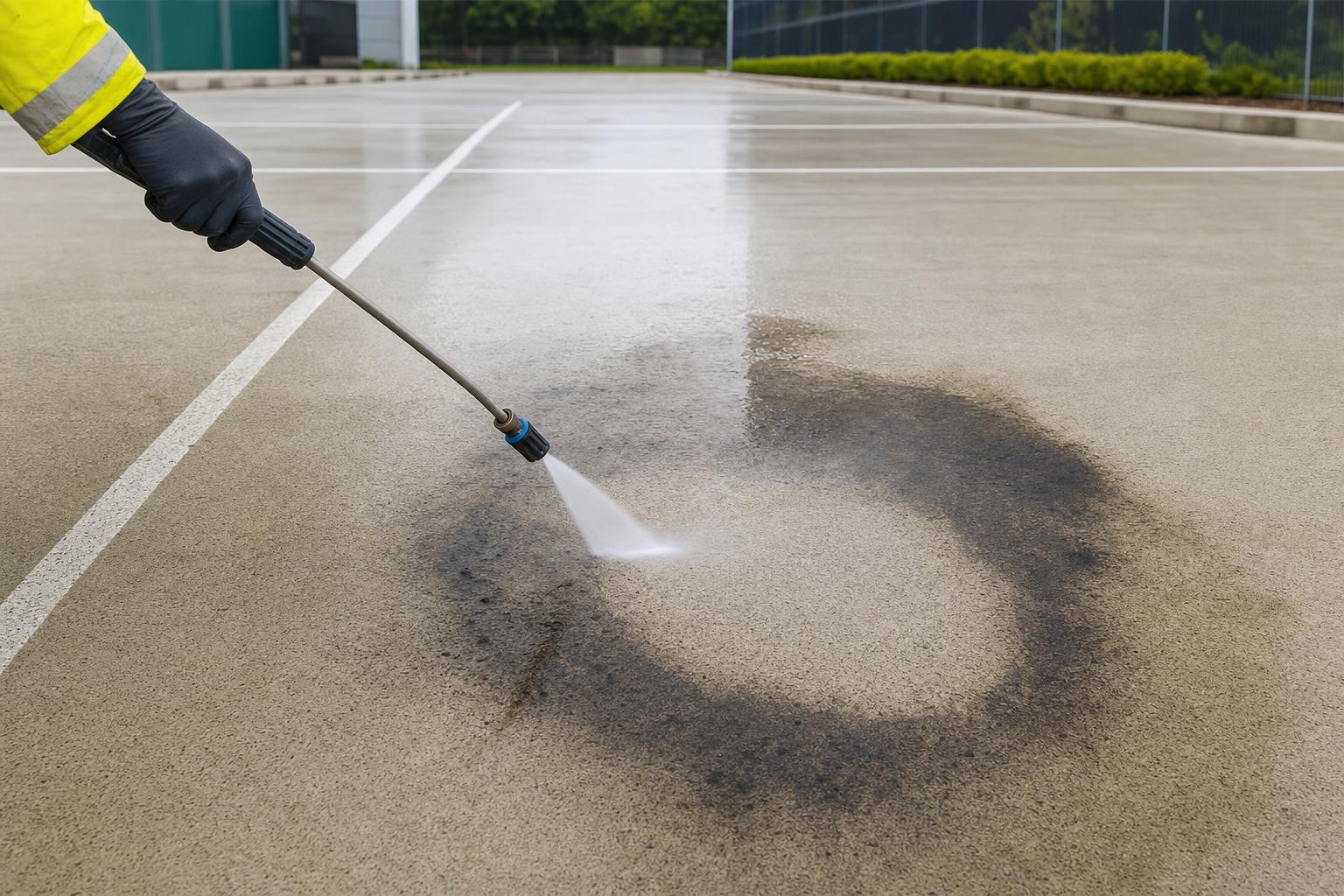 Large commercial car park being pressure-washed showing oil stains lifting from the concrete surface