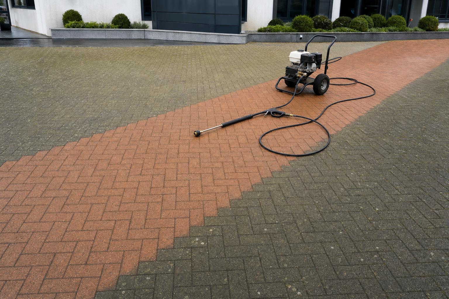 Block-paved commercial driveway showing a freshly power-washed clean strip alongside the dirty original surface