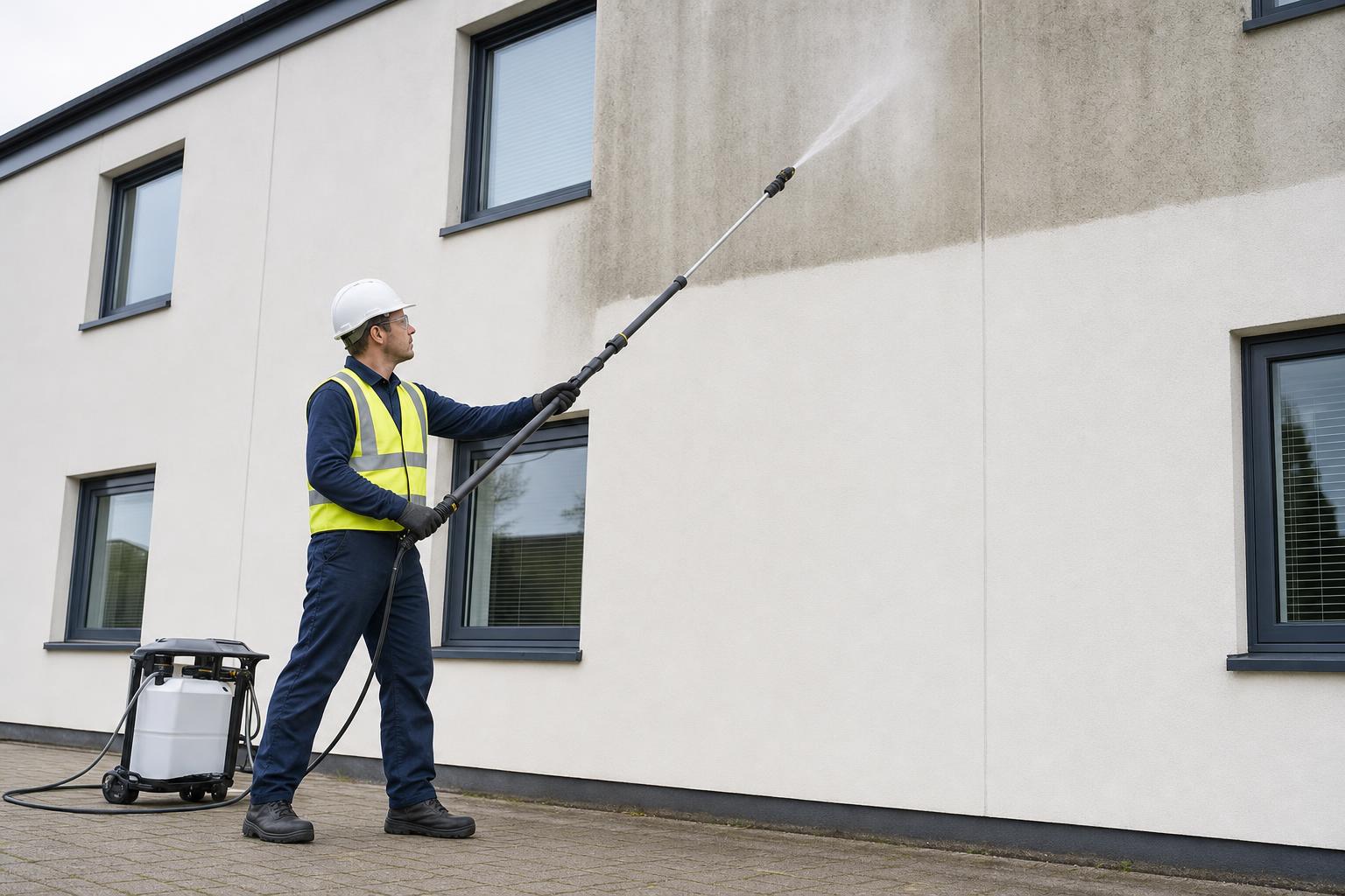 Commercial building facade being soft-washed by a Klass Cleaning operator in branded uniform and high-vis vest