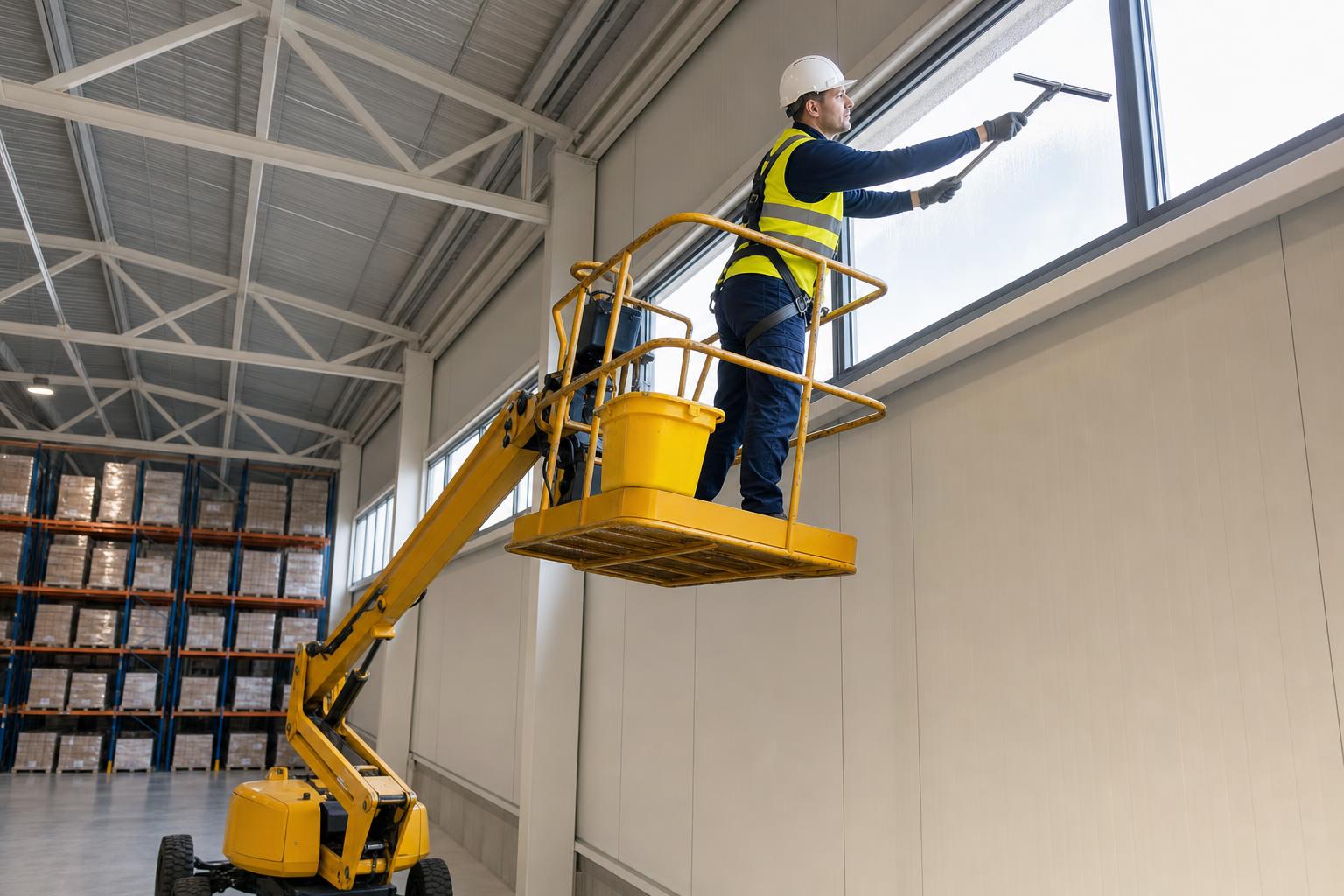 Industrial warehouse with high-level glazing being cleaned from a cherry-picker platform