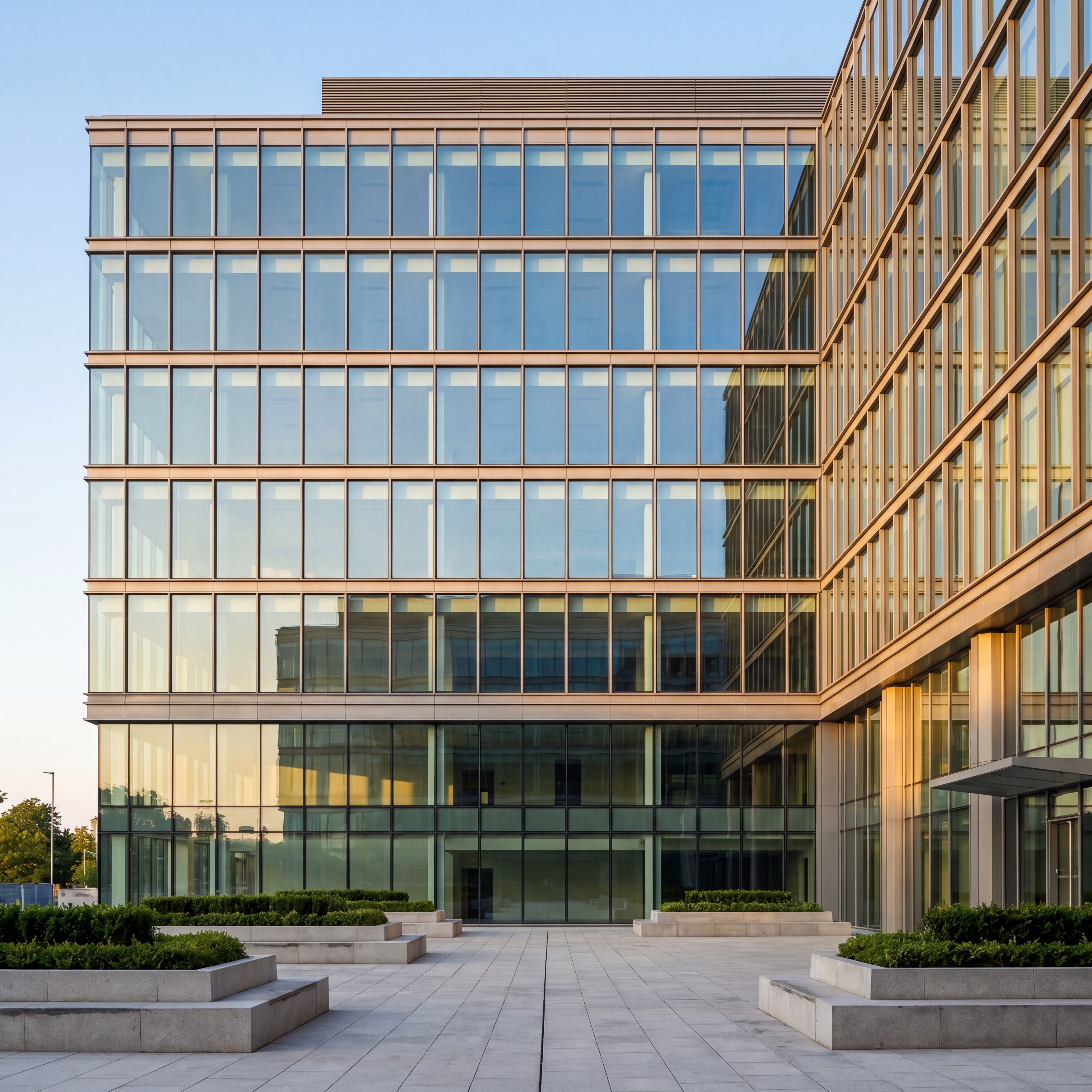 Modern Dublin corporate office building with floor-to-ceiling glass at golden hour